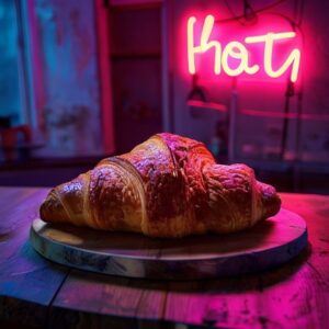 Free AI photo: Croissant on a Wooden Bakery Board in Deep. A croissant on a wooden bakery board in deep shadow with one neon sign, electric blue and hot magenta neon, soft diffused window light, st…