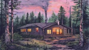 Free AI photo: Forest Cabin with Smoke from the Chimney at. A forest cabin with smoke from the chimney at dusk, pastel pink, bone, and lilac palette, practical neon signage, watercolour with ink ou…