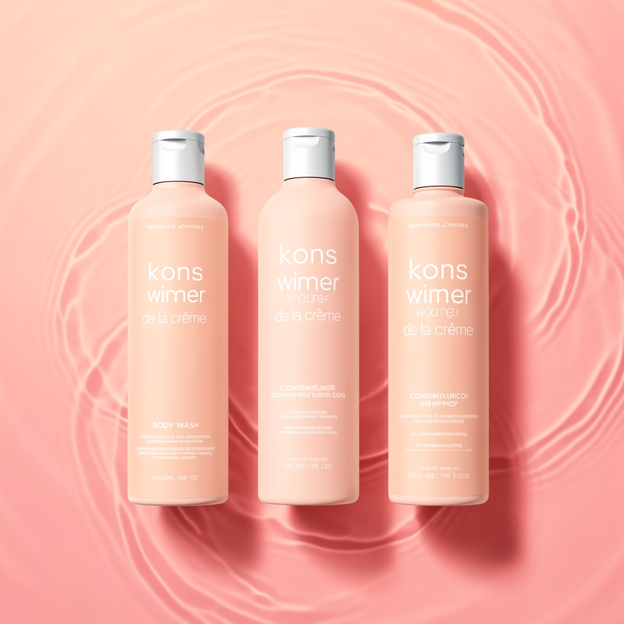 Sleek shampoo bottles on a soft pink background create a calming scene.