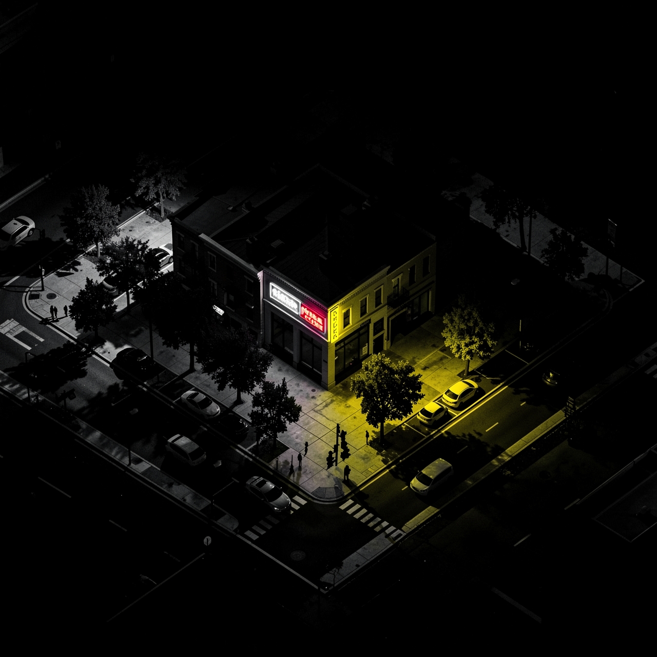 A city block is bathed in deep shadows with one neon sign illuminating the scene.