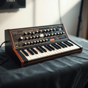 A vintage analog synthesizer on a velvet table, studio lighting, macro detail
