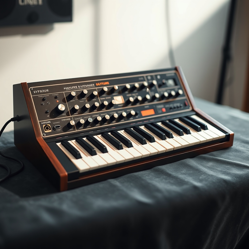 A vintage analog synthesizer on a velvet table, studio lighting, macro detail
