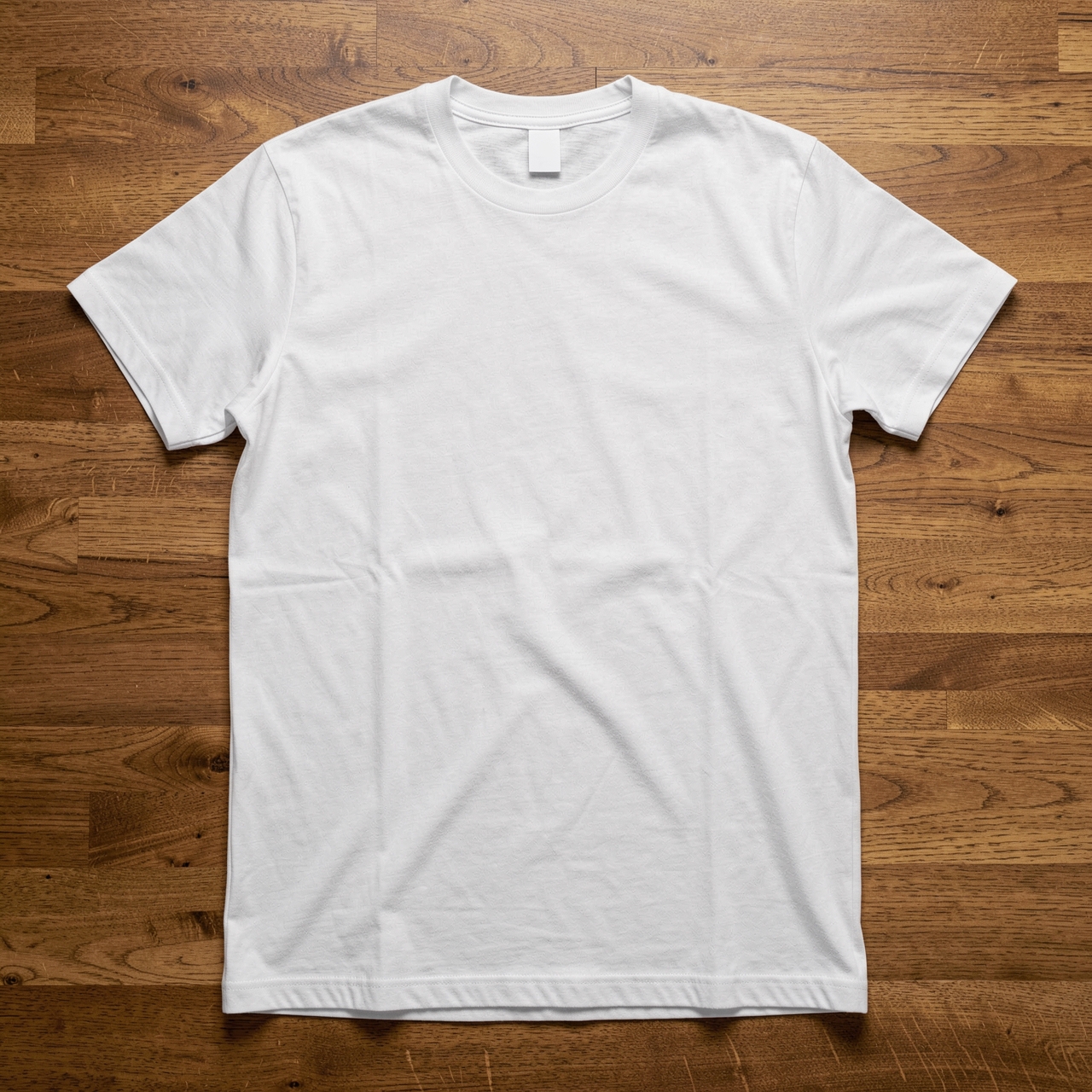 A blank white t-shirt lies on a hardwood floor with subtle folds and shadows.
