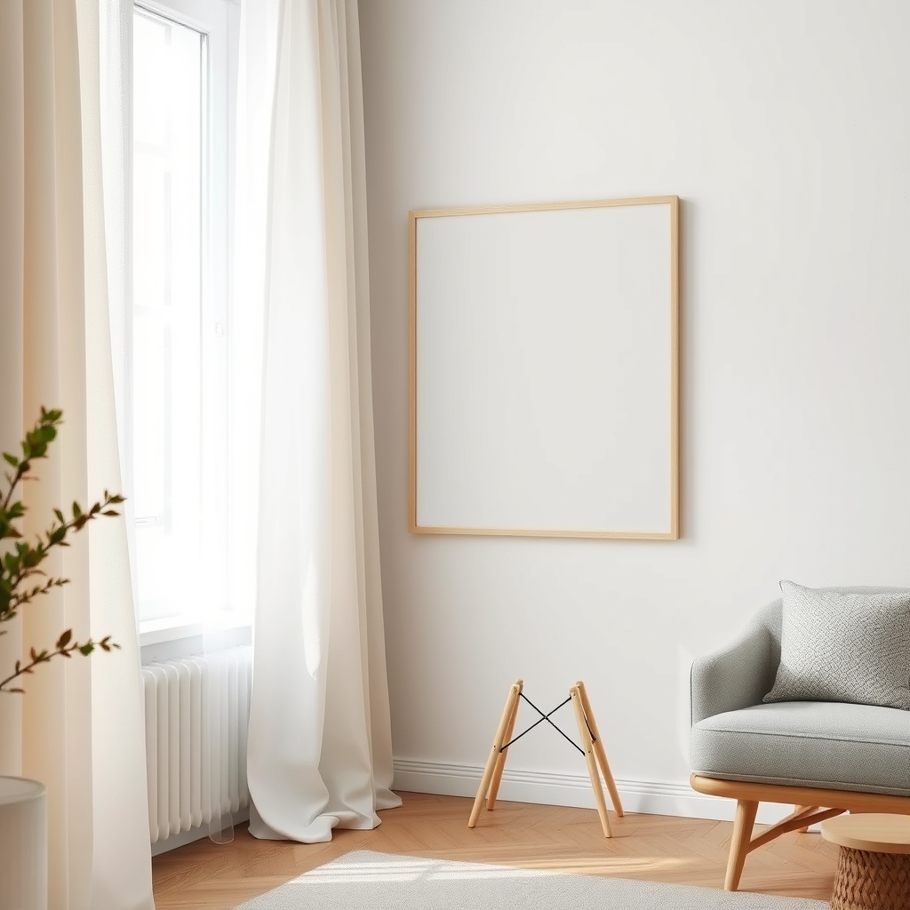 Scandinavian interior corner with blank wall frame mockup, soft sunlight through curtains, neutral aesthetic, realistic editorial photography, lummi style