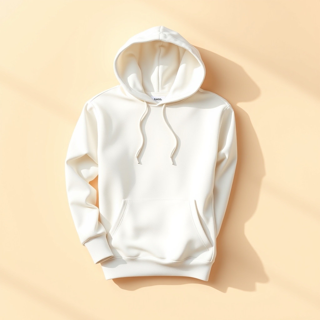 Minimal fashion brand scene with folded blank white hoodie on warm neutral background, soft daylight shadows, premium lifestyle mockup aesthetic, ultra realistic