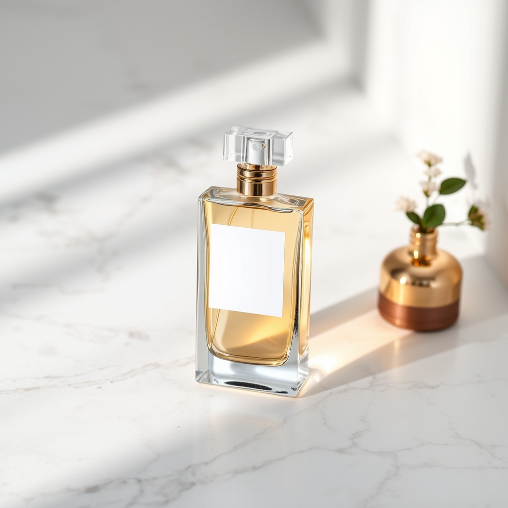Elegant perfume bottle placeholder with clean unlabeled packaging on marble surface, luxury cosmetic branding scene, soft shadows, realistic commercial photography