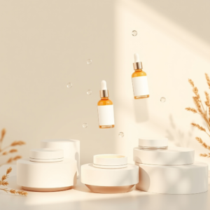 Free AI photo: Modern Cosmetic Branding Scene with Floating Serum Bottles. Modern cosmetic branding scene with floating serum bottles and cream jars, blank packaging placeholder, warm sunlight, sof…