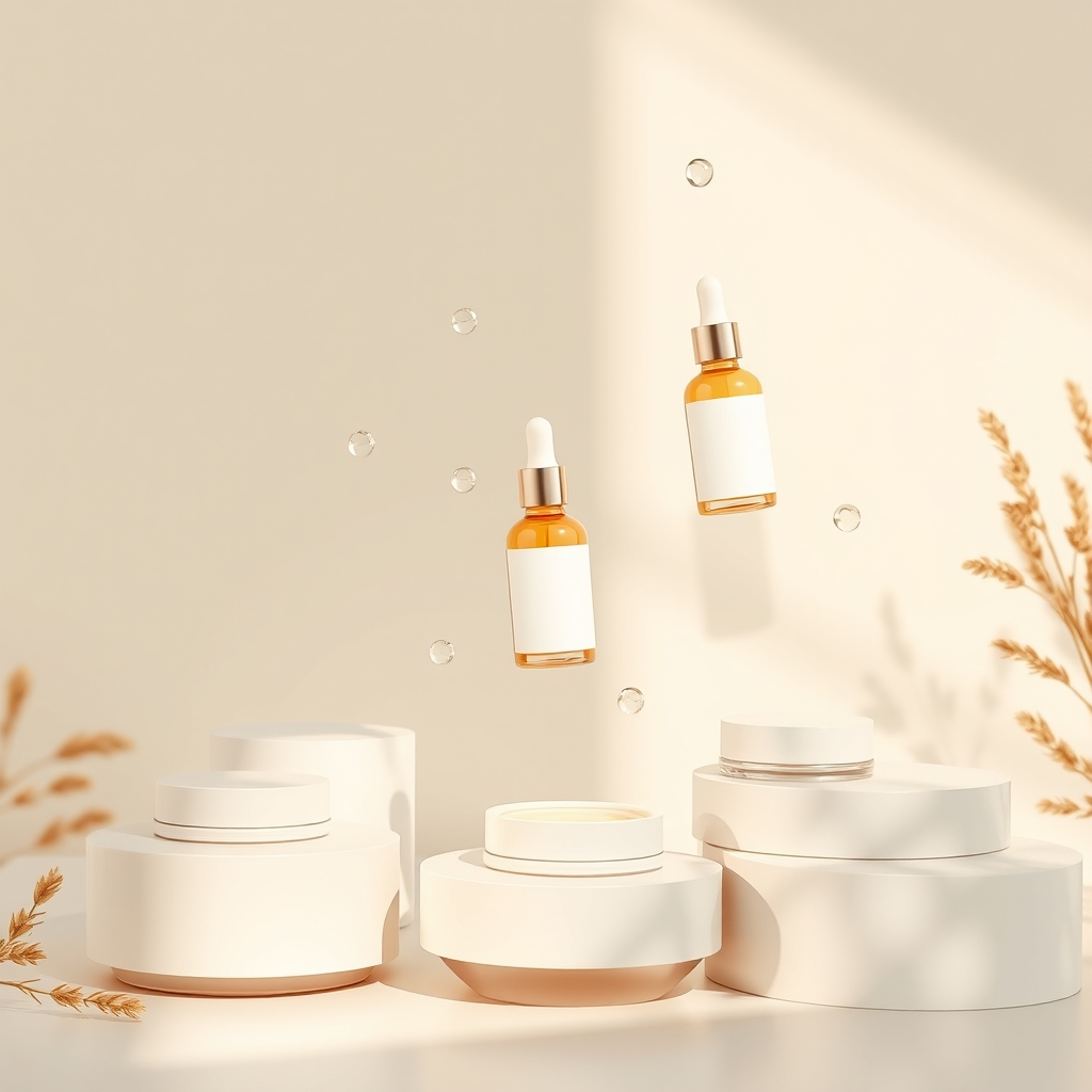Modern cosmetic branding scene with floating serum bottles and cream jars, blank packaging placeholder, warm sunlight, soft shadows, Scandinavian minimalism, realistic stock photo, lummi style