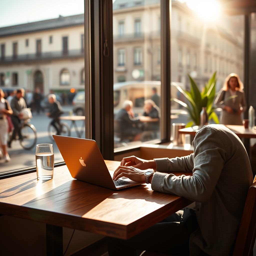 Digital nomad working remotely from stylish café in Madrid, laptop on wooden table, cinematic sunlight, urban lifestyle stock photography, realistic atmosphere, premium travel and productivity&hellip;