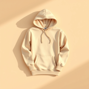 Free AI photo: Minimal Fashion Brand Scene with Folded Blank Hoodie. Minimal fashion brand scene with folded blank hoodie on warm neutral background, soft daylight shadows, premium lifestyle mockup…
