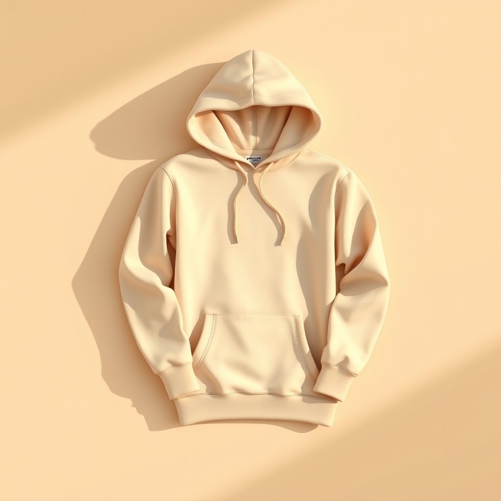 Minimal fashion brand scene with folded blank hoodie on warm neutral background, soft daylight shadows, premium lifestyle mockup aesthetic, ultra realistic