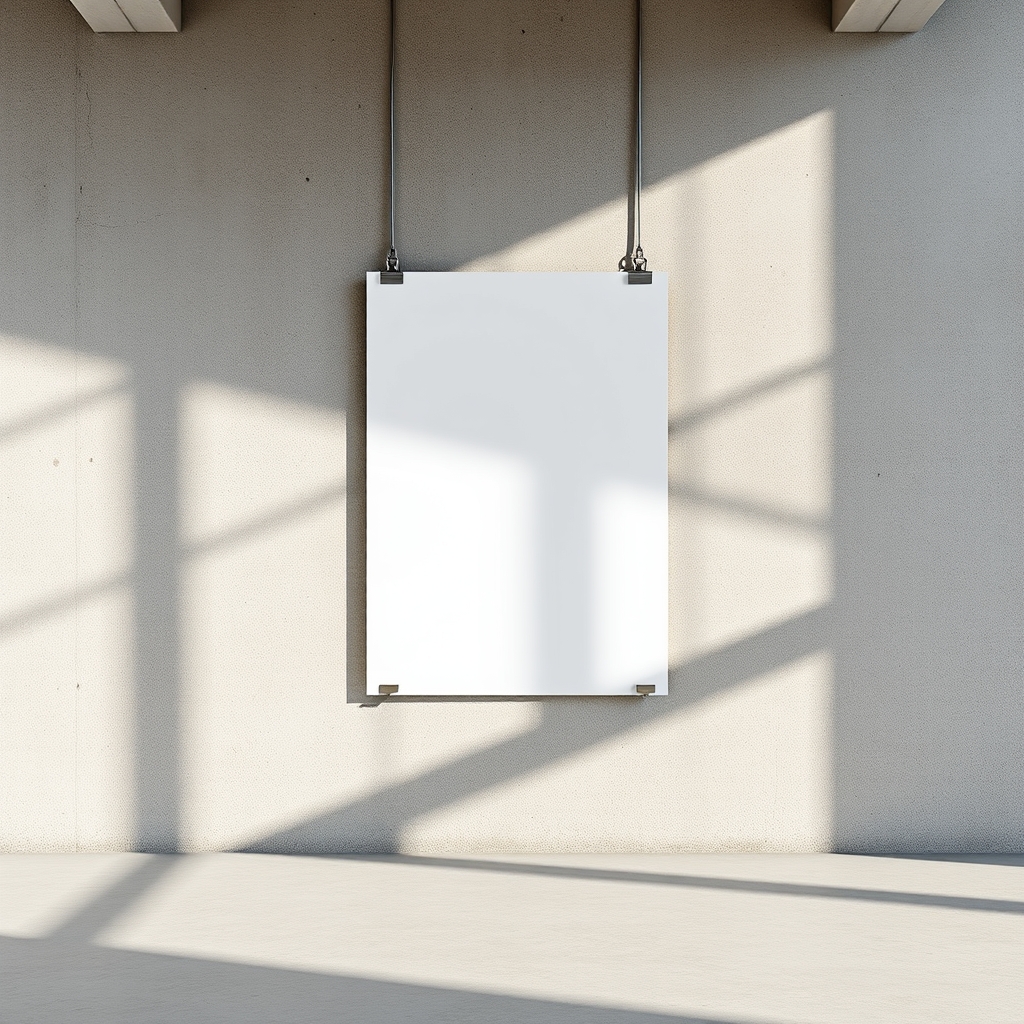 Realistic PSD poster mockup hanging on concrete wall, soft natural shadows, minimal interior, blank editable design area, ultra detailed commercial mockup photography