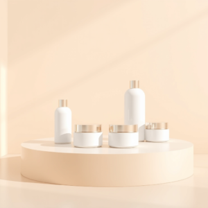 Free AI photo: Luxury cosmetic packaging mockup with blank skincare bottles and cream jars on soft beige podium, minimal branding placeholder, realistic studio lighting, premium beauty advertising…