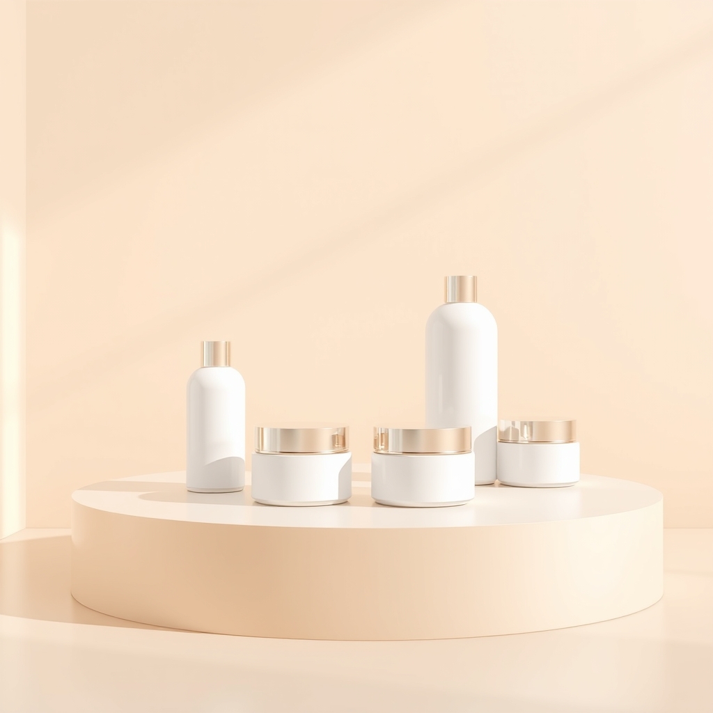 Luxury cosmetic packaging mockup with blank skincare bottles and cream jars on soft beige podium, minimal branding placeholder, realistic studio lighting, premium beauty advertising style,&hellip;
