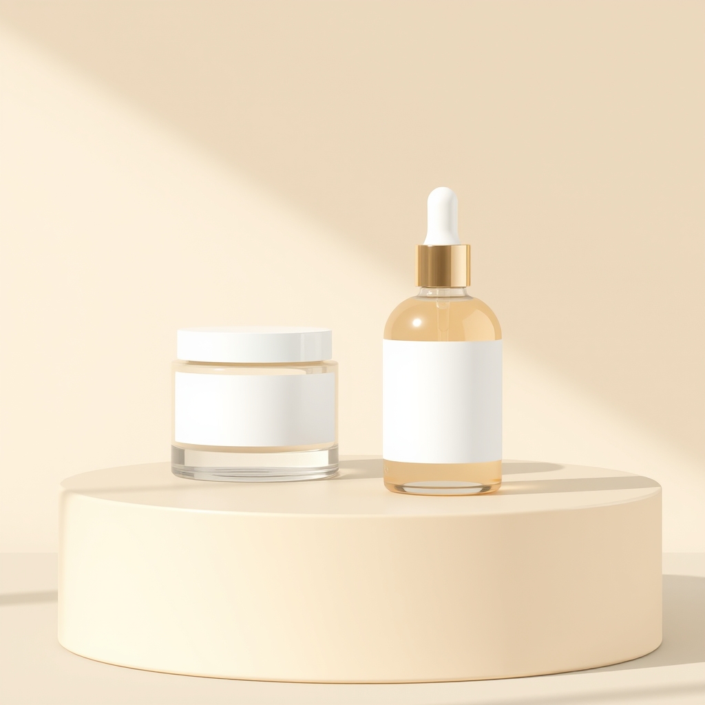 Cosmetic jar and serum bottle mockup with empty labels on beige podium, premium skincare branding scene, realistic product photography