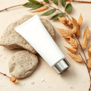 Free AI photo: Blank Cosmetic Tube Mockup Beside Natural Stone and. Blank cosmetic tube mockup beside natural stone and dried leaves, organic skincare branding scene, earthy tones, realistic commer…