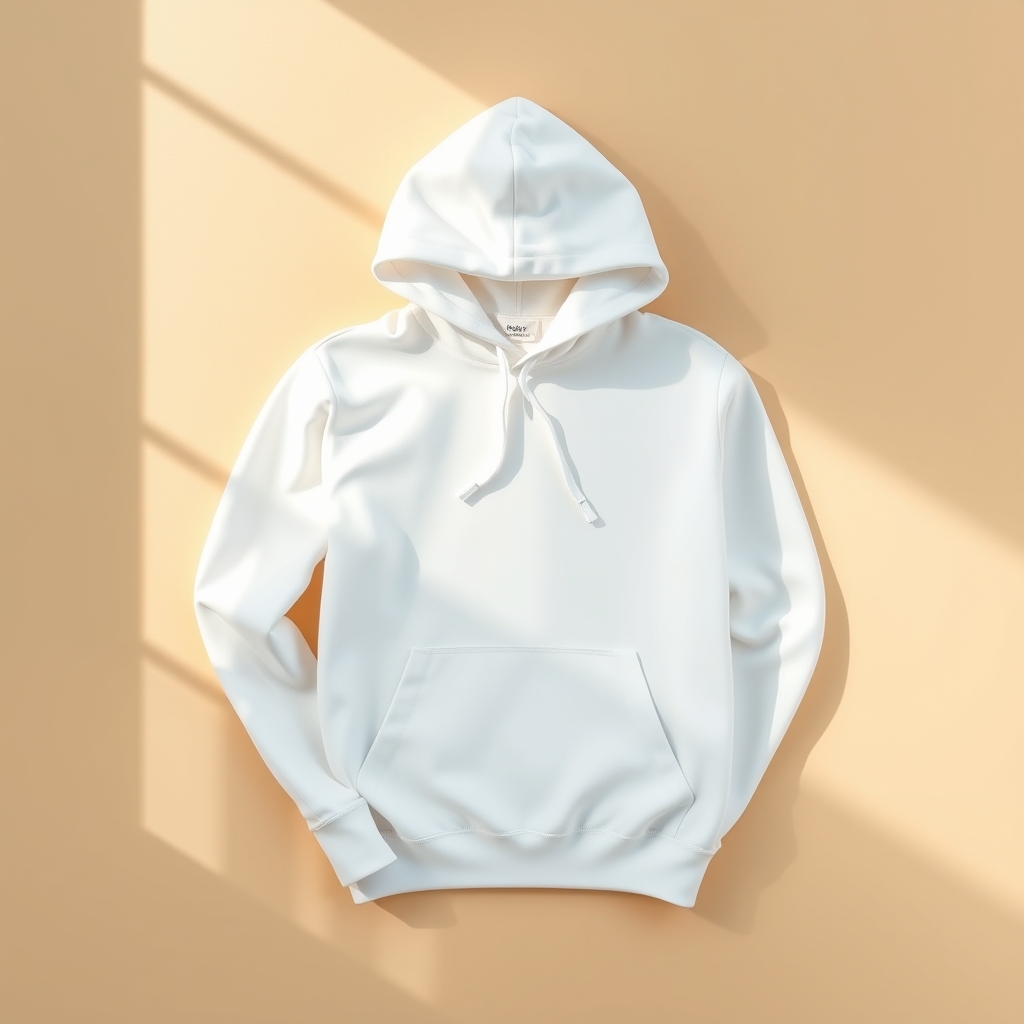 Minimal fashion brand scene with folded blank white hoodie on warm neutral background, soft daylight shadows, premium lifestyle mockup aesthetic, ultra realistic