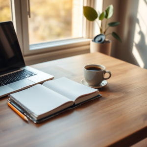 Free AI photo: Minimal Workspace with Laptop. Minimal workspace with laptop, notebook and coffee on clean wooden desk, warm natural sunlight, calm editorial composition, realistic stock photography…