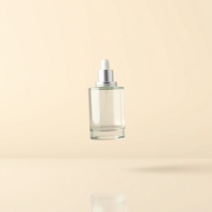 Free AI photo: Floating Glass Cosmetic Bottle Isolated on Cream Gradient. Floating glass cosmetic bottle isolated on cream gradient background, soft reflection, modern beauty branding mockup, premi…