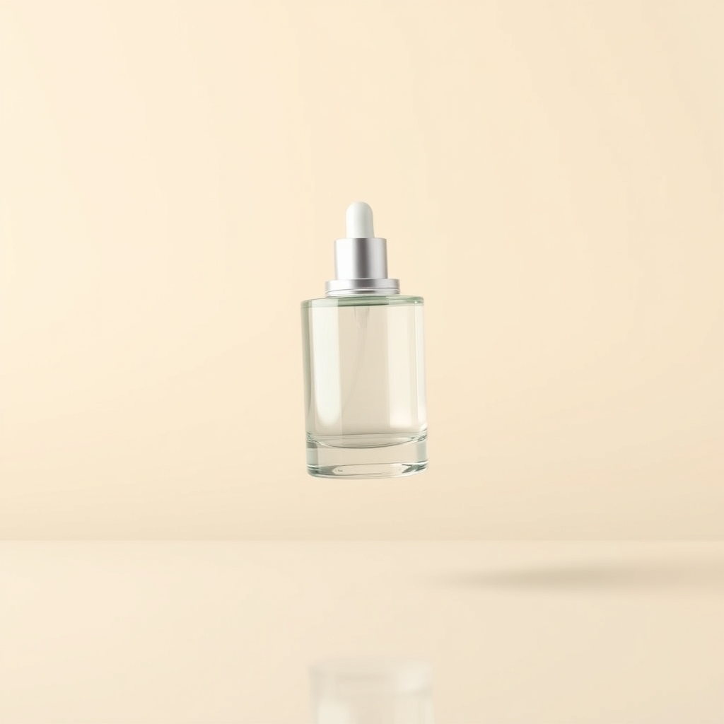 Floating glass cosmetic bottle isolated on cream gradient background, soft reflection, modern beauty branding mockup, premium minimal style, ultra detailed
