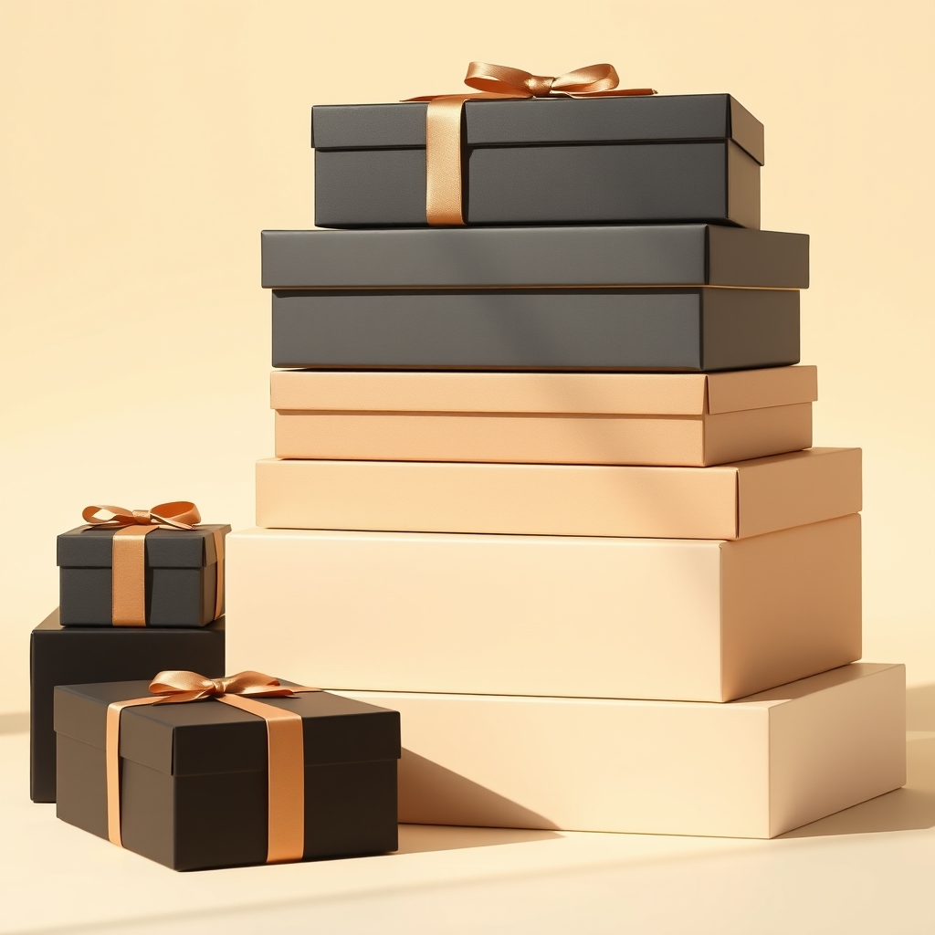 Luxury packaging boxes stacked on minimal beige background, clean blank branding area, soft shadows, modern ecommerce mockup photography