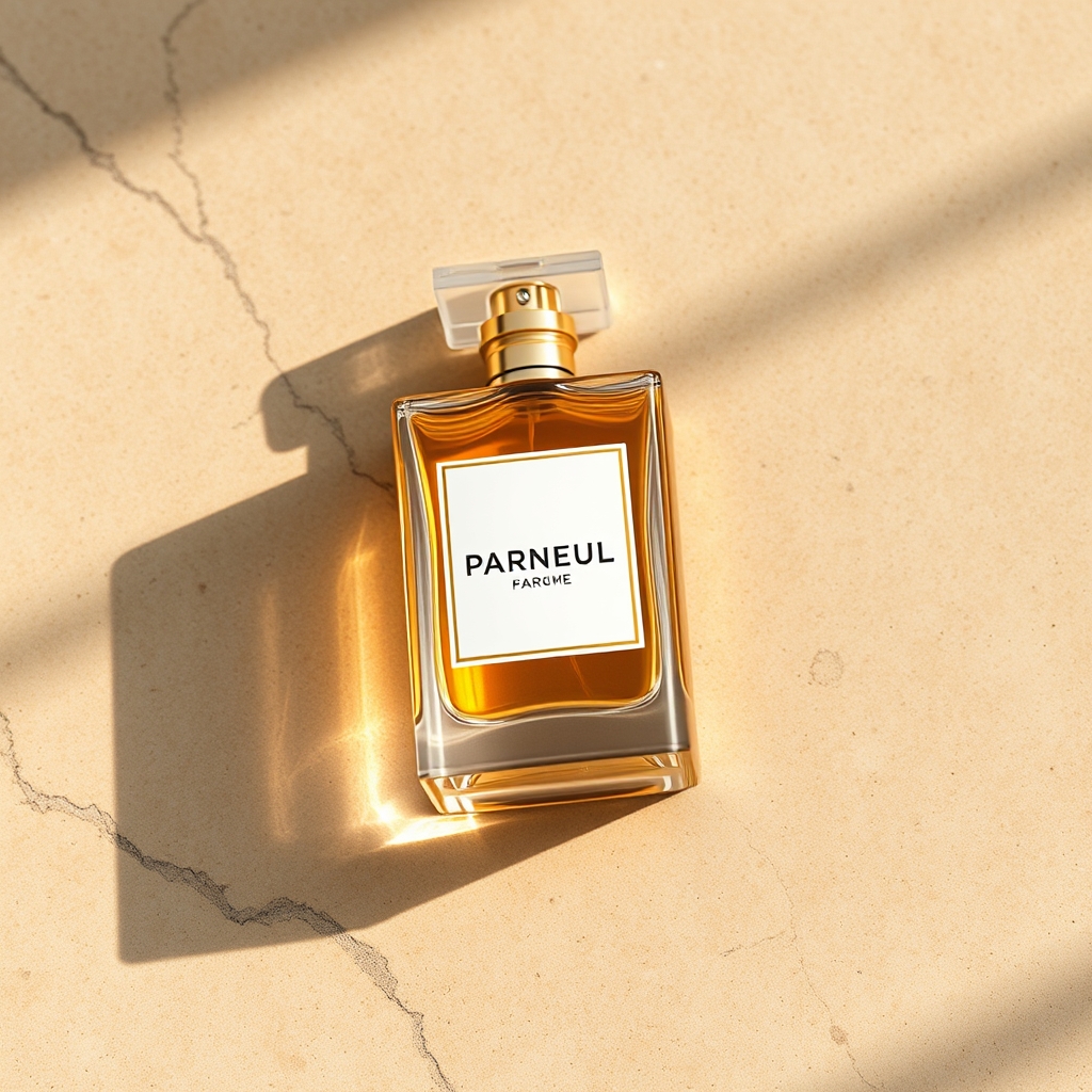 Elegant perfume bottle with empty label on travertine stone surface, warm beige palette, soft cinematic shadows, luxury branding mockup, ultra realistic lifestyle photography