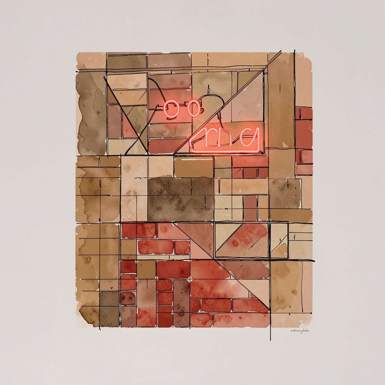 An abstract geometric composition against a clean studio backdrop, earth tones with brick red accents, practical neon signage, watercolour with ink outlines