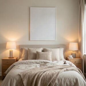 Free AI photo: Cozy Bedroom Scene Above Bed. A serene bedroom with warm lighting and soft textures creates a cozy atmosphere.. Categories: Mockups, Photography. Colours: Orange, Gray.