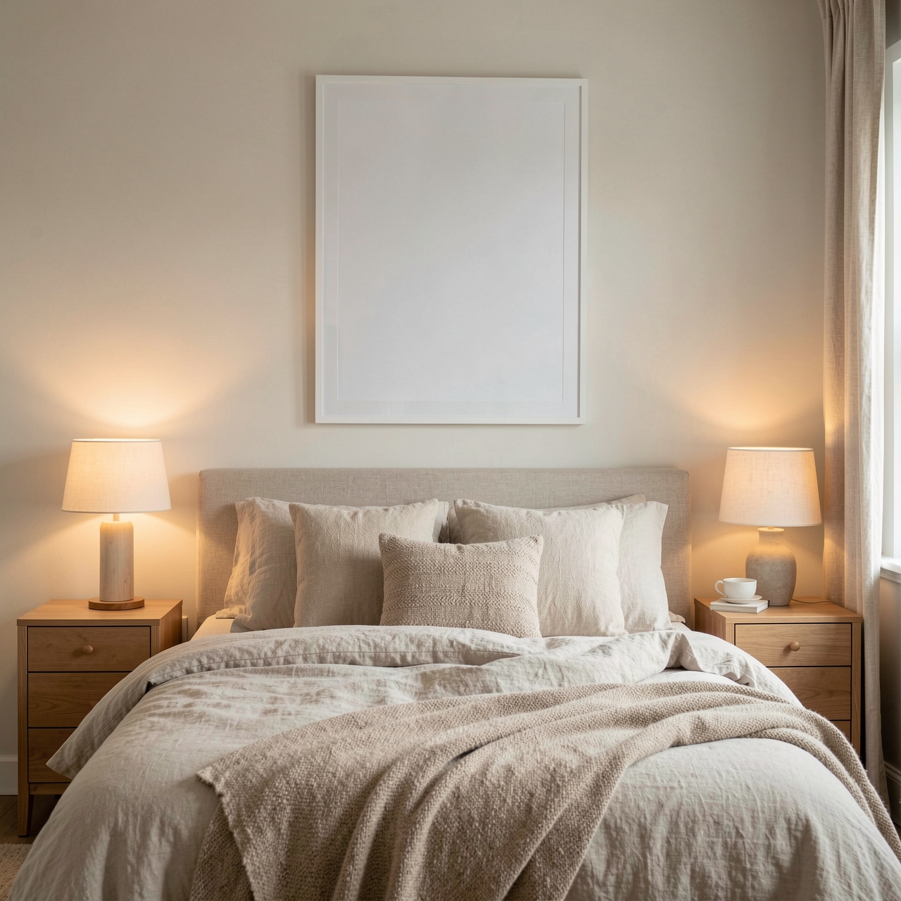 A serene bedroom with warm lighting and soft textures creates a cozy atmosphere.