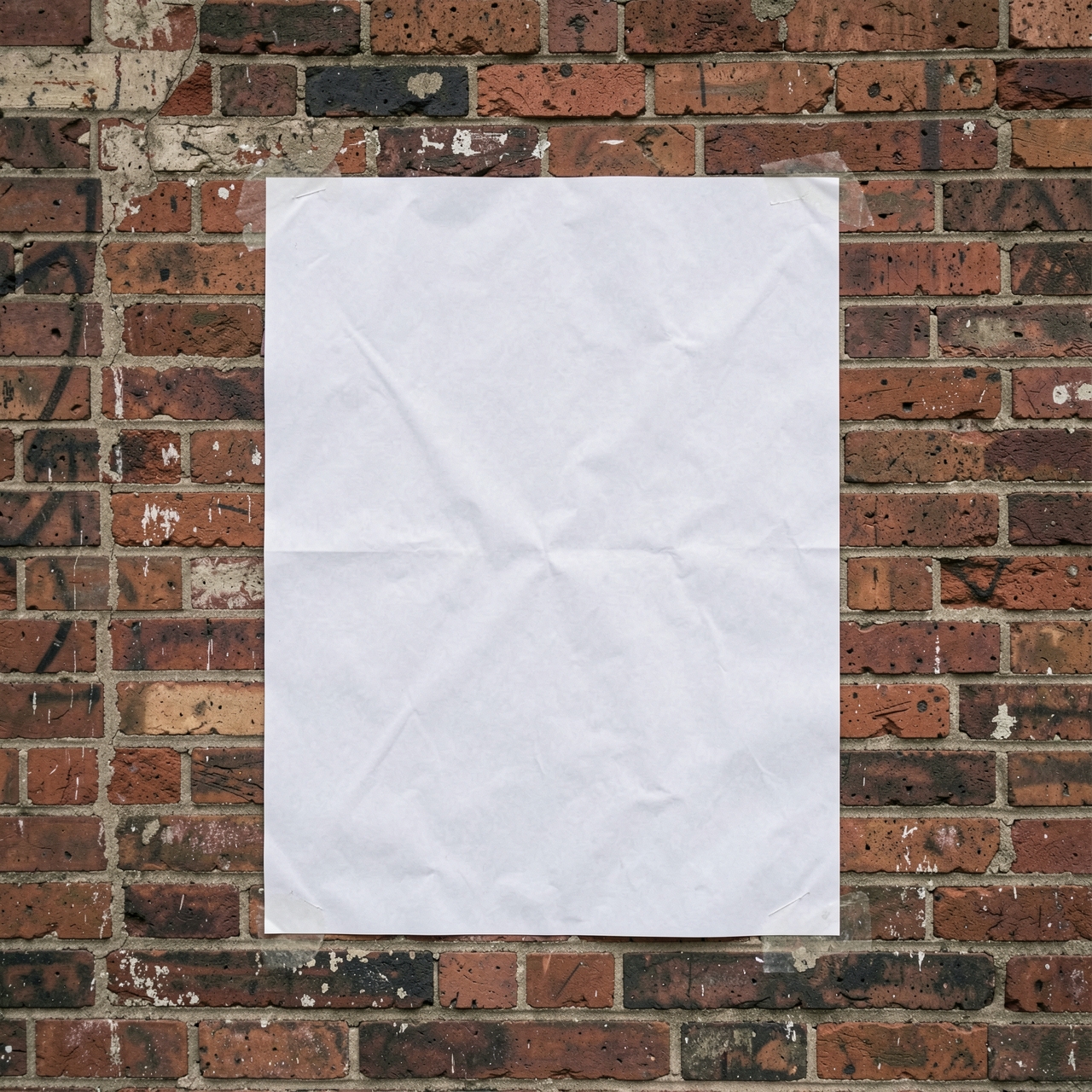 A blank poster is pasted on a worn red brick wall under soft daylight.