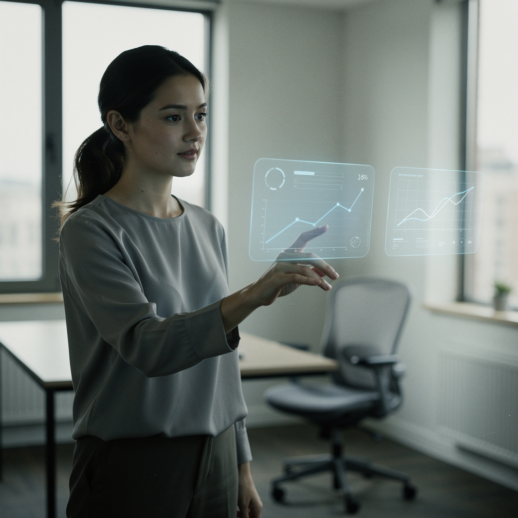 Free AI photo: Business Person Digital Interface. A business person interacts with a digital interface in a modern office setting.. Categories: Photography, Technology. Colour: Gray.