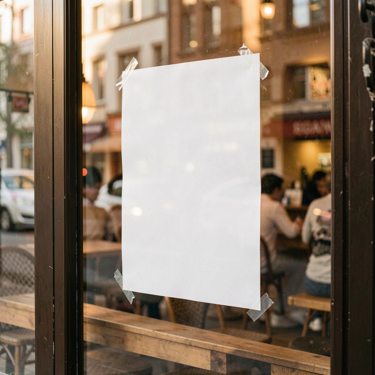 Soft afternoon light illuminates a cafe window with a blank poster inside.