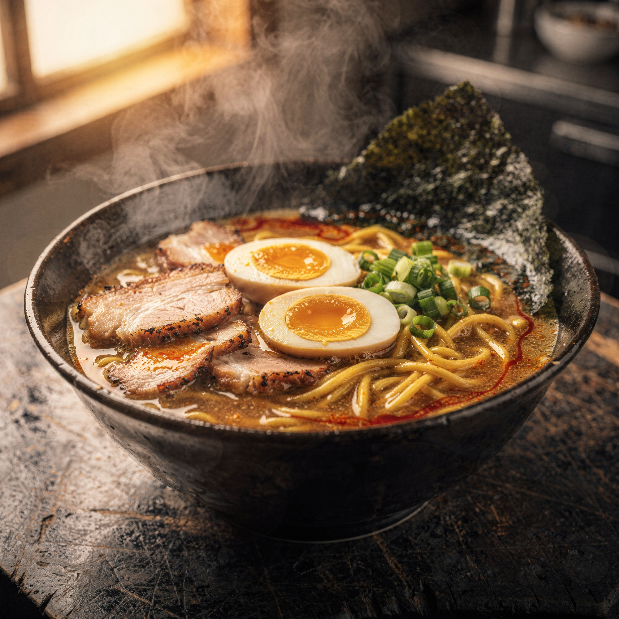 Free AI photo: Steaming Ramen On Dark Wood. A warm and inviting bowl of ramen on a dark wood counter.. Categories: Food & Drink, Photography. Colours: Orange, Black, Gray.