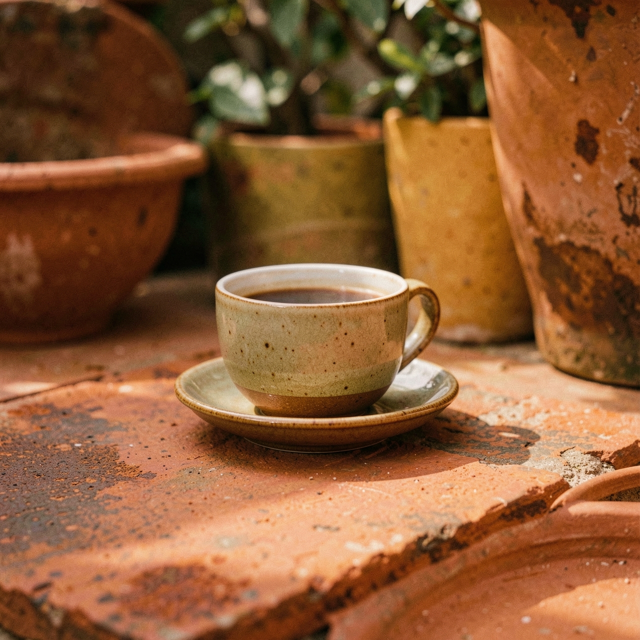 A coffee cup sits on a natural outdoor setting under soft light.