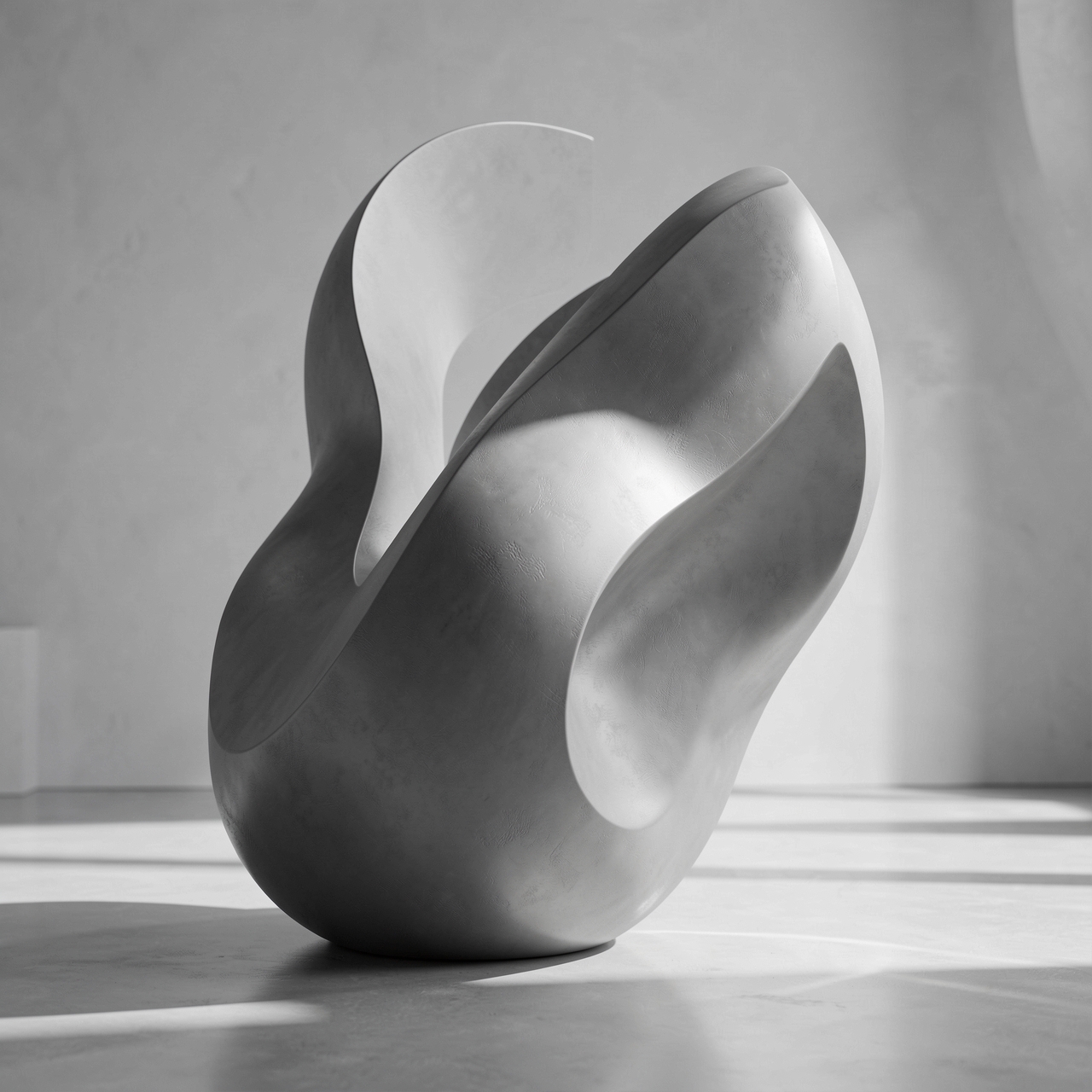 Contemporary abstract sculpture photography, smooth curved surfaces, soft diffused daylight, premium monochrome palette, realistic shadows and reflections, minimalist composition, cinematic realism, elegant futuristic mood, ultra detailed textures, luxury editorial aesthetic