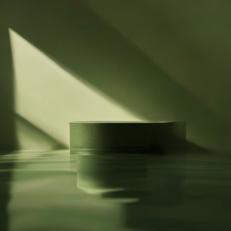 Contemporary minimalist photography, monochrome green tones, soft diffused daylight, premium studio aesthetic, realistic reflections, muted olive and moss colors, clean composition, shallow depth of field, cinematic realism, high-end fashion campaign mood, subtle grain, ultra realistic detail, luxury visual identity