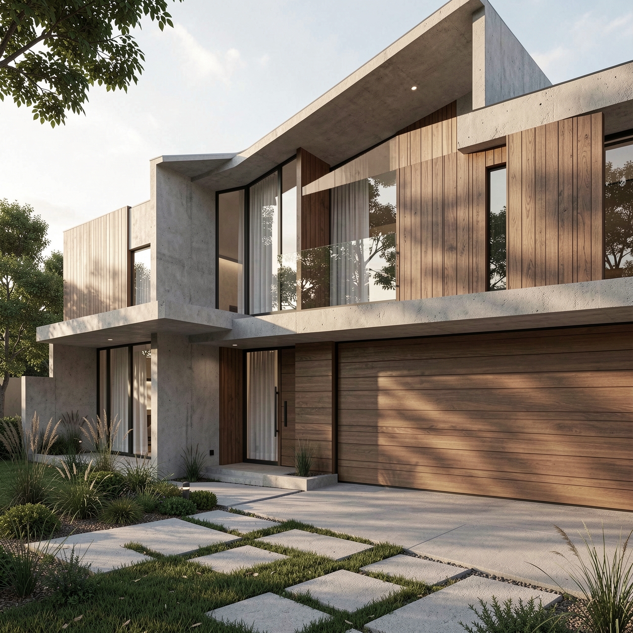 Contemporary modern house exterior, luxury minimalist design, soft natural lighting, realistic concrete and wood textures, cinematic shadows, elegant architecture, premium residential aesthetic, ultra realistic materials, modern landscaping, architectural digest style