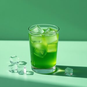Free AI photo: Contemporary Still Life Photography Featuring Vibrant Green Beverage. Contemporary still life photography featuring vibrant green beverage with translucent ice cubes, monochromatic p…