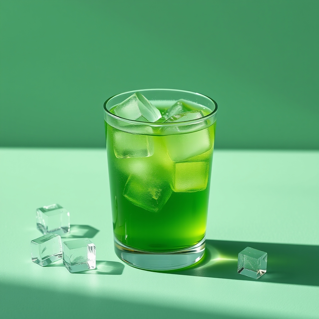 Contemporary still life photography featuring vibrant green beverage with translucent ice cubes, monochromatic pastel green environment, elegant editorial styling, realistic glass reflections and refractions, soft shadows, cinematic daylight, premium commercial photography, minimal luxury aesthetic, muted organic tones, shallow depth of field, ultra detailed macro realism, calm atmospheric composition, lummi ai style