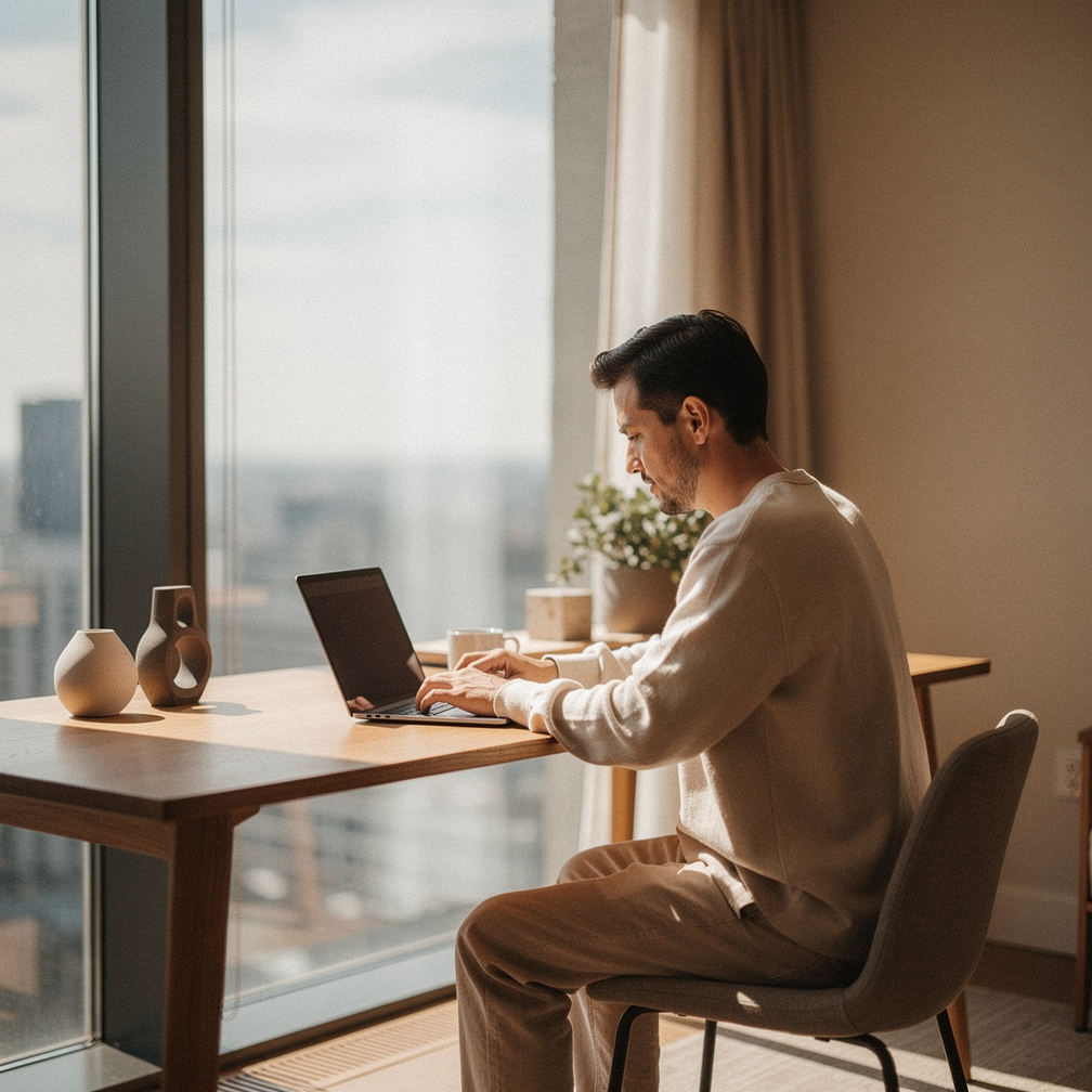 Free AI photo: Cozy Workspace Moment Found. A peaceful scene of a person working on a laptop near a window.. Categories: Photography, Technology. Colours: Orange, Gray.