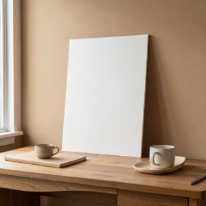 Free AI photo: Designer Workspace Setup. A desk with a notebook and cup beside a poster on a wall with soft light.. Categories: Mockups, Photography, Technology. Colours: Orange, Gray.