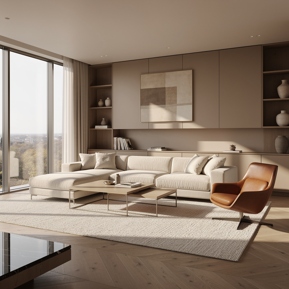 Free AI photo: Modern Luxury Living Room Interior. A serene living room filled with natural light and premium furniture.. Categories: Architecture, Photography. Colour: Orange.