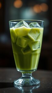 Free AI photo: Extreme Macro Shot of Iced Matcha Latte in. Extreme macro shot of iced matcha latte in transparent glass, crystal clear ice cubes with detailed frost texture, rich vibrant green liqu…