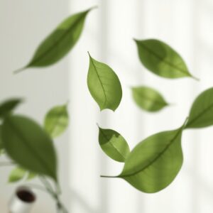 Free AI photo: Floating Botanical Leaves with Diffused Natural Light. Floating botanical leaves with diffused natural light, soft focus background, airy composition, muted green palette, premium st…