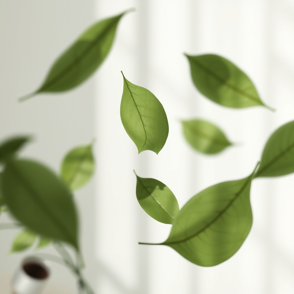 Floating botanical leaves with diffused natural light, soft focus background, airy composition, muted green palette, premium stock photography, editorial minimalism