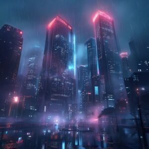 Free AI photo: Futuristic Skyscrapers Glow with Neon Lights Under a. Futuristic skyscrapers glow with neon lights under a dark rainy sky with misty fog rolling over wet streets.. Categories: Archit…