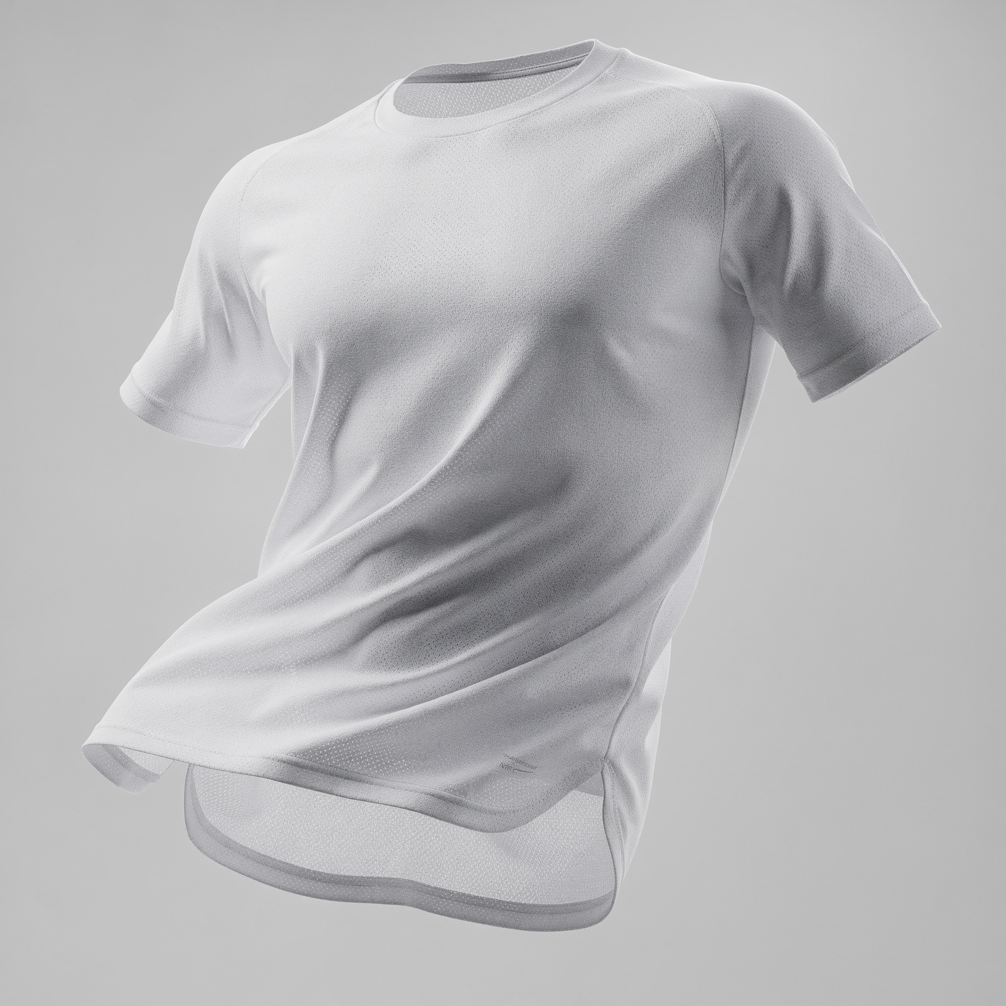 Free AI photo: Athletic Jersey In Motion. A blank white jersey flows with dynamic movement against a light gray background.. Categories: Fashion, Mockups. Colour: Gray.