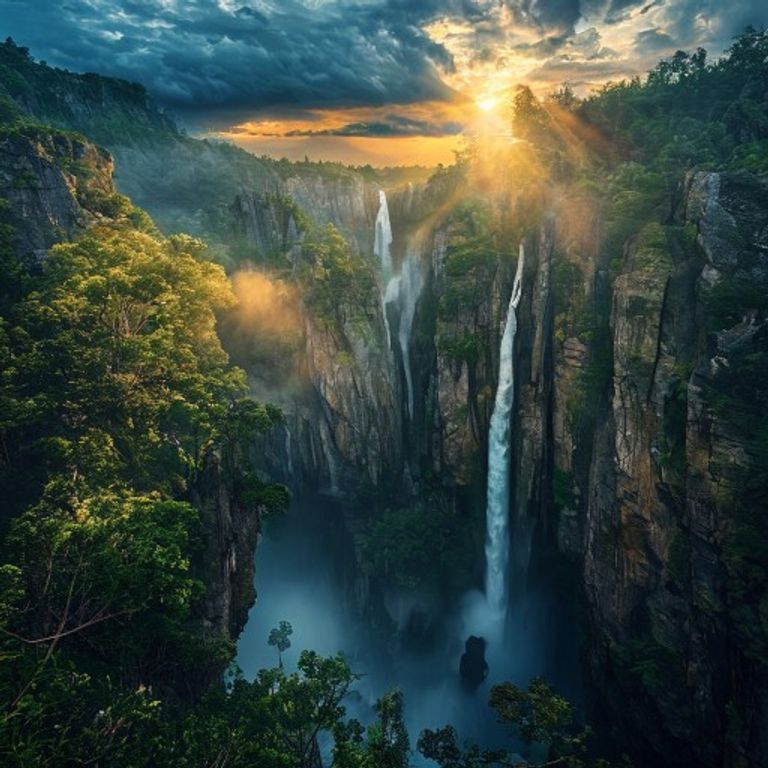 Golden sunrise illuminates misty waterfall amidst rugged rocky cliffs and lush green forest understormy turquoise skies