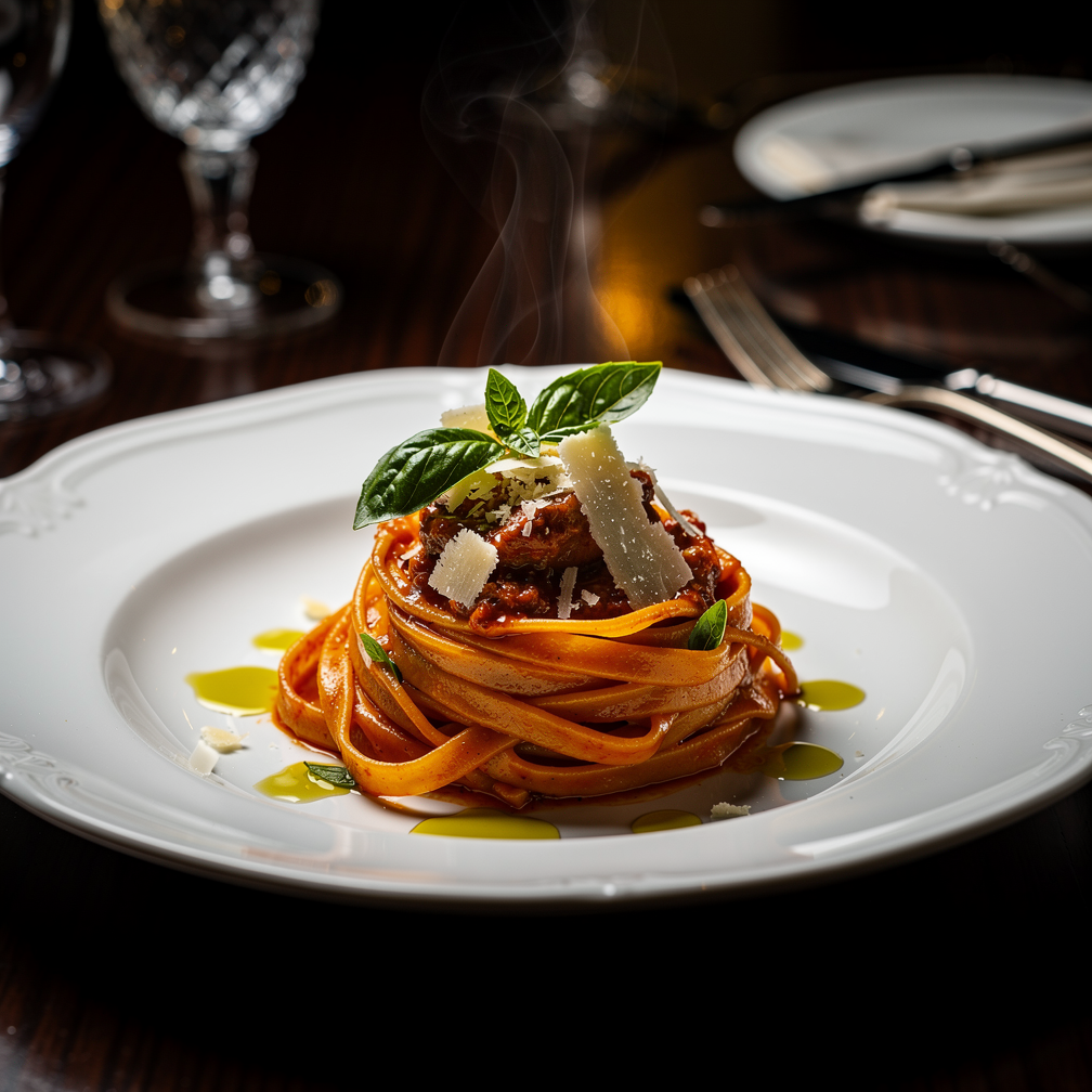 Free AI photo: Luxury Pasta Dish Presentation. A gourmet meal is set on an elegant table.. Categories: Food & Drink, Photography. Colours: Black, Gray, Orange.