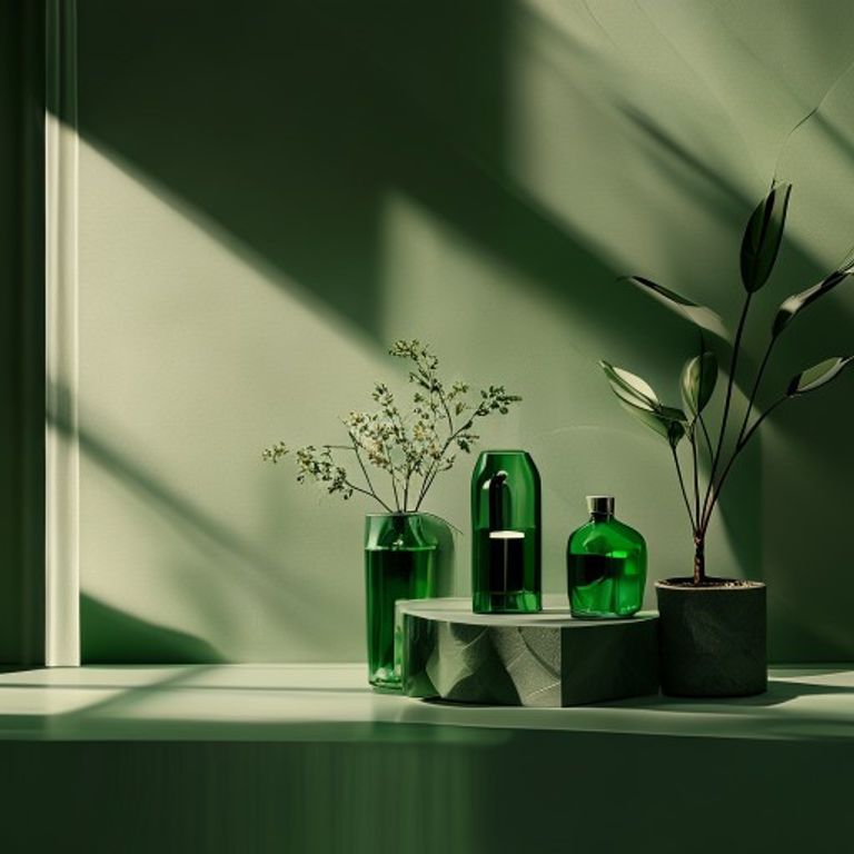 Green luxury still life scene, soft ambient lighting, elegant emerald aesthetic, organic shadows, realistic surface textures, minimalist styling, modern editorial photography, sophisticated atmosphere, premium branding look, clean negative space, photorealistic quality, cinematic composition, 8k detail